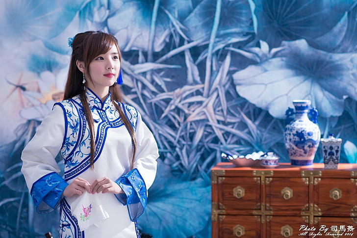 Models, Yu Chen Zheng, Asian, Girl, Taiwanese, Tea Set, Traditional Costume, HD wallpaper