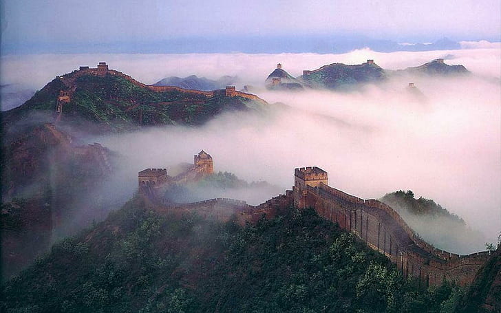 The Great Wall Of China In The Mist, trees, mountains, nature and landscapes