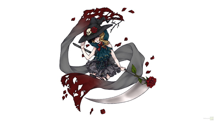 woman holding rose, original characters, scythe, witch, white background