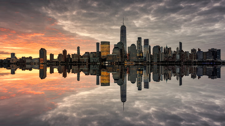 Manhattan Skyline The Most Populated New York City Sunnset Reflection In The Water Miror Ultra Hd Wallpaper For Desktop Mobile Phones And Laptops 3840×2160