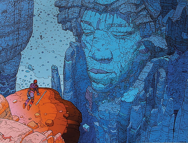 person kneeling on cliff digital illustration, Mœbius, blue