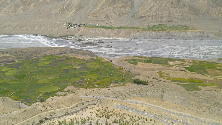 valley, road, Himalayas, river, farm, landscape, environment, HD wallpaper
