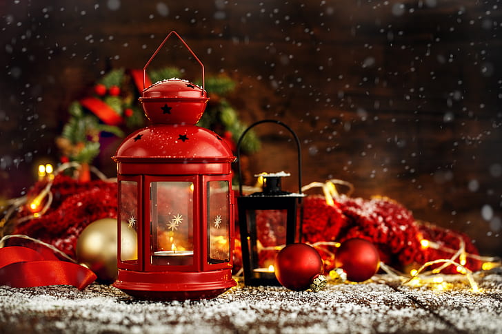 decoration, balls, New Year, Christmas, lantern, gifts, wood, HD wallpaper