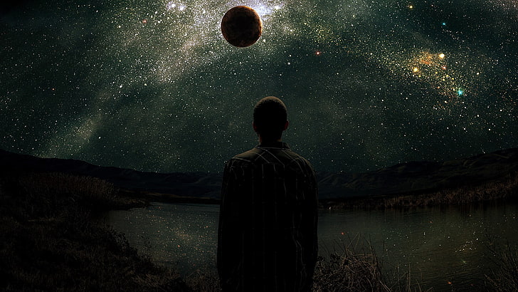 man facing on moon, stars, fantasy art, men, space art, planet