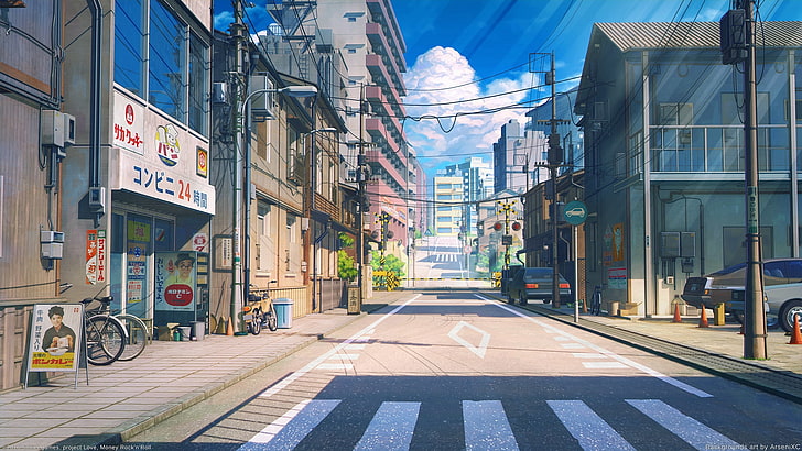 glass buildings, anime street, scenic, bicycle, cars, road, clouds