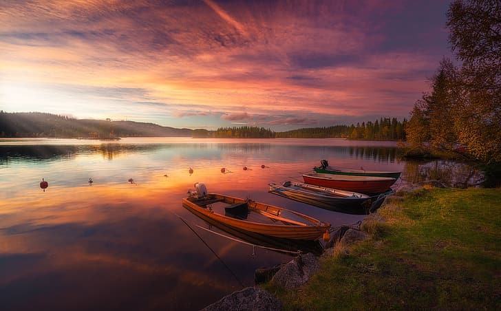 landscape, sunset, nature, lake, boats, the evening, Norway, HD wallpaper