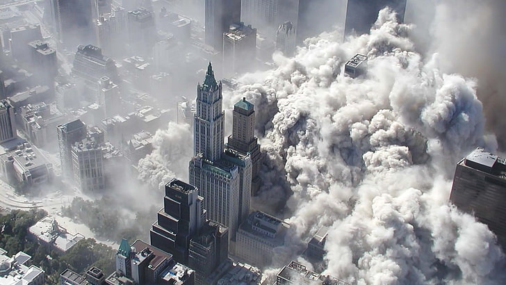 gray high-rise building, Twin Tower, disaster, dust, smoke, building exterior