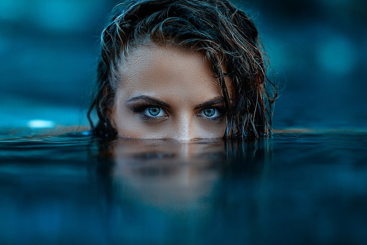 women, Alessandro Di Cicco, face, water, blue eyes, depth of field, HD wallpaper