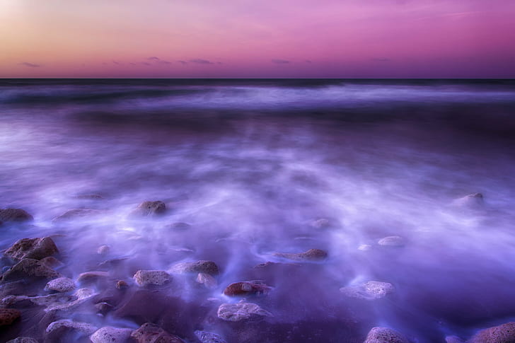 landscape photography of purple body of water, Sunset, sea  waves, HD wallpaper