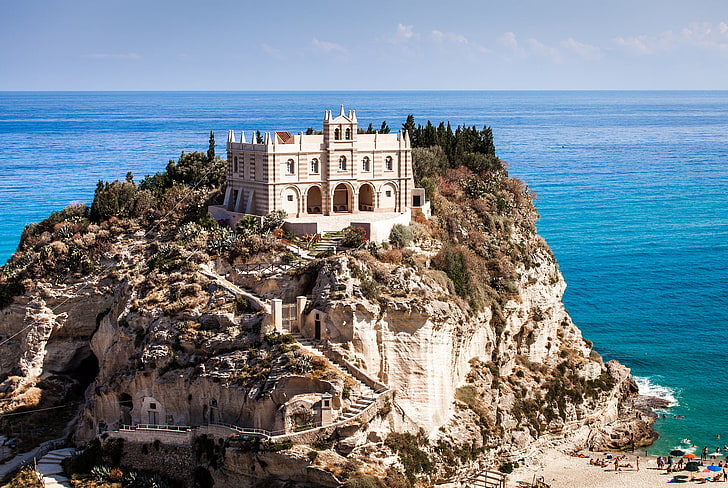white castle on mountain near body of water, rock, Italy, The Tyrrhenian sea, HD wallpaper