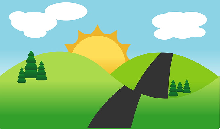 green mountain with sun and clouds illustration, Adobe Illustrator