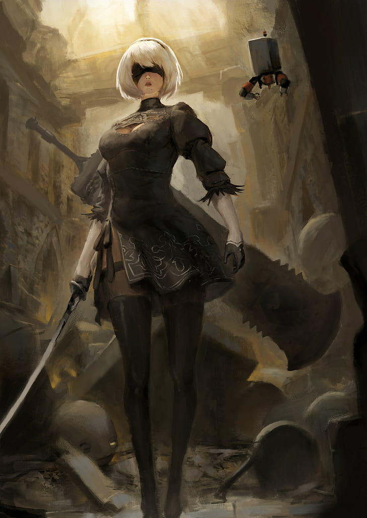 female anime character wallpapewr, sword, Nier: Automata, 2B (Nier: Automata)