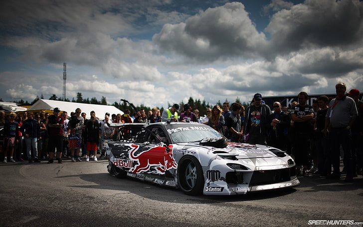 white and black coupe, Mazda, rx7, Red Bull, car, cloud - sky, HD wallpaper