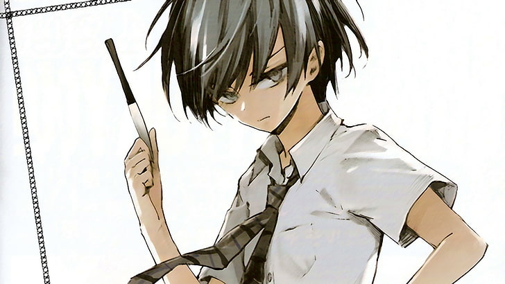 gray haired male anime character holding knife illustration, Akuma no Riddle