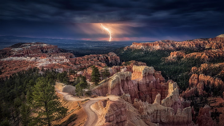 brown plateau, nature, landscape, lightning, mountains, Bryce Canyon National Park, HD wallpaper