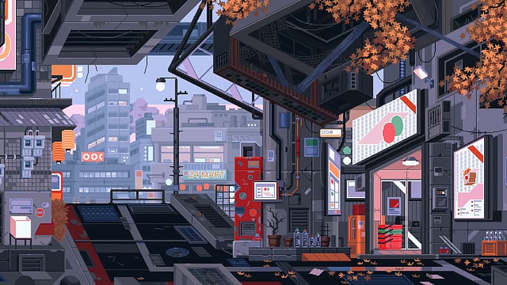 Không gian đô thị đậm chất cyberpunk với hình nền pixel art chắc chắn sẽ khiến bạn thích thú. Cùng khám phá phong cách thị giác đầy đặc sắc này trong hình nền độc đáo này nhé!