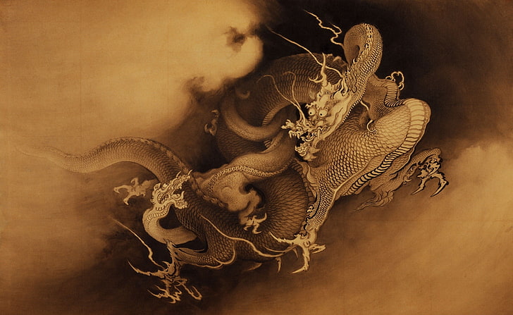brown dragon painting, wood, Asian, Chinese, chinese dragon, mythology