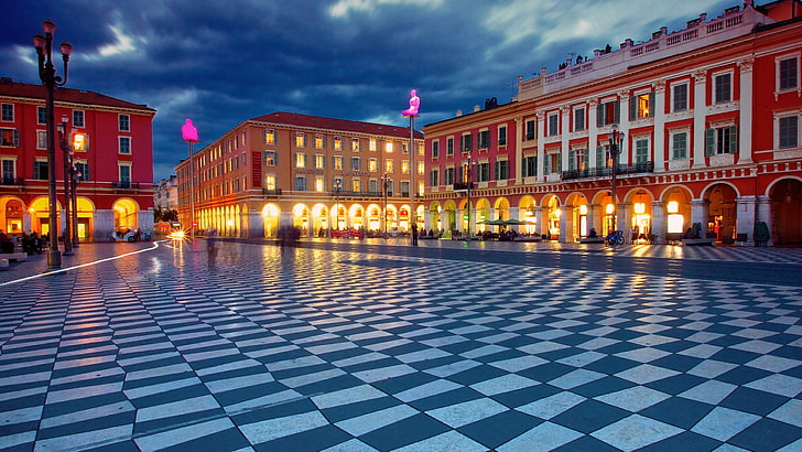 night, main square, europe, france, building, nice, cityscape, HD wallpaper