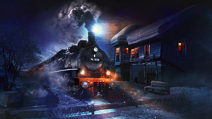 gray steam locomotive train illustration, artwork, digital art