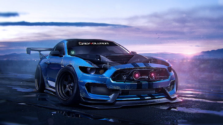 blue and black sports car, Ford, Shelby, Muscle, Art, GT350, 2015