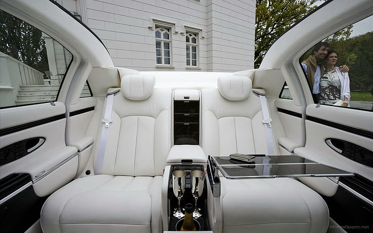 2009 Maybach Landaulet Interior, white leather car back seat