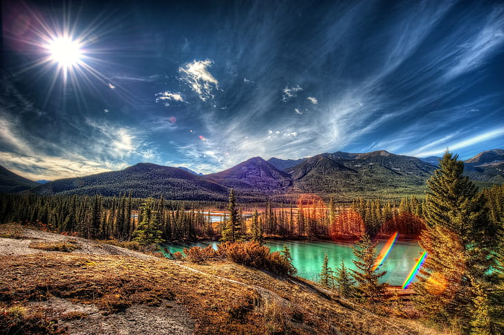 Banff national park, Alberta, Canada, glare, Lake, trees, mountains, HD wallpaper