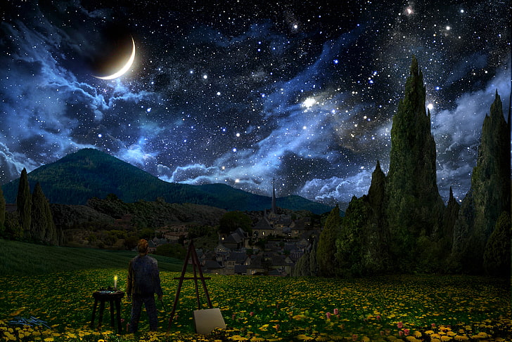 Crescent Moon, landscape, Painters, stars, The Starry Night