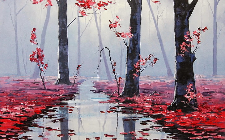 three red leafed trees, bare trees on body of water, nature, painting
