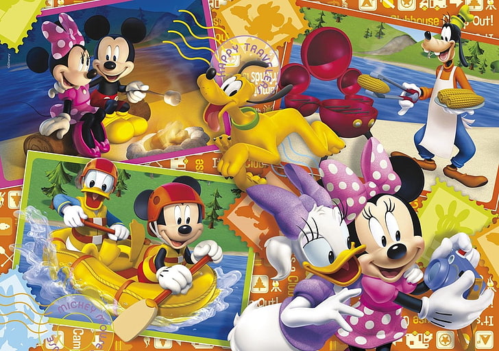 Disney collage, donald, minnie mouse, yellow, mickey, daisy, HD wallpaper