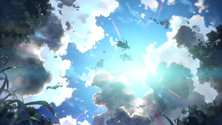 two flying animation character under white cloudy and blue sky during daytime wallpaper
