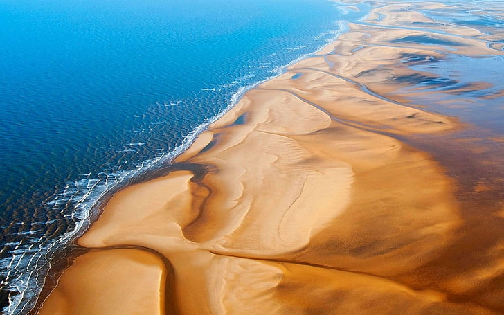 nature, landscape, beach, sand, sea, sunlight, aerial view, HD wallpaper