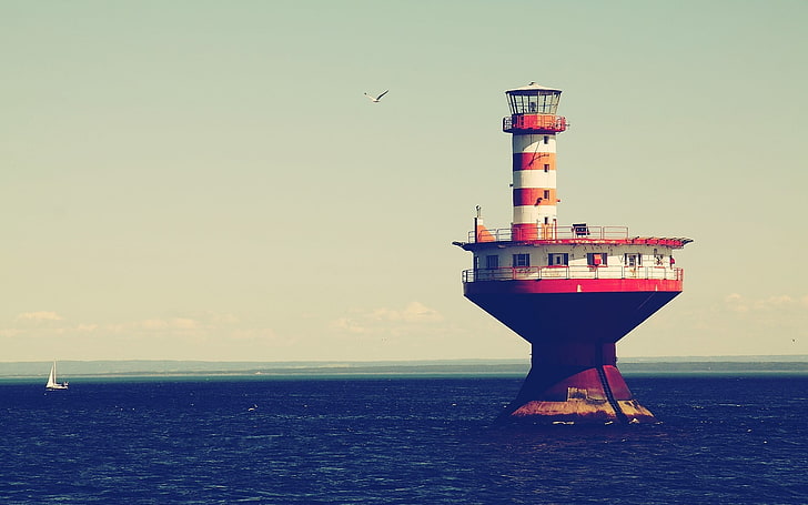 lighthouse, sea, water, sky, horizon, horizon over water, nature, HD wallpaper