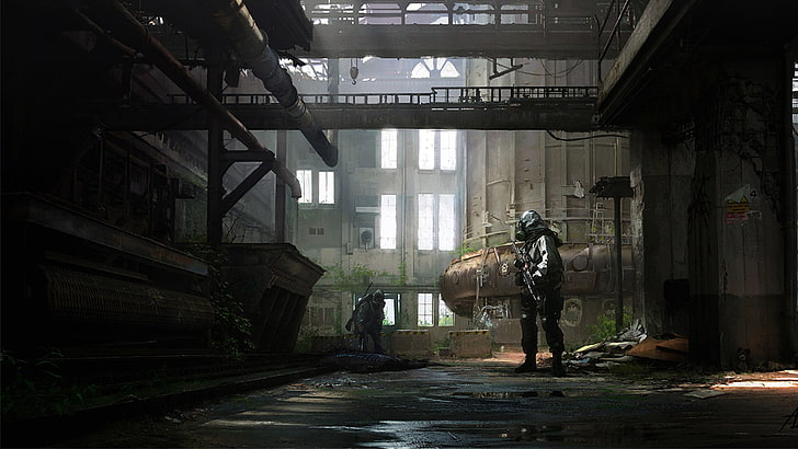 gas masks, soldier, architecture, abandoned, built structure, HD wallpaper
