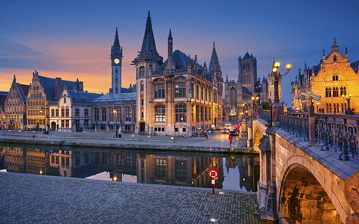 Ghent, Flanders, Belgium Night Lights Houses River Bridge Wallpaper Widescreen Hd Resolution, HD wallpaper