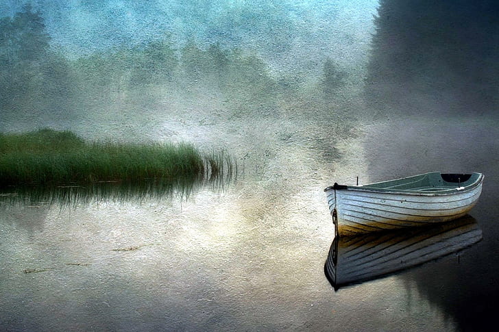 Boat On A Silent River, water, silence, painting, 3d and abstract, HD wallpaper