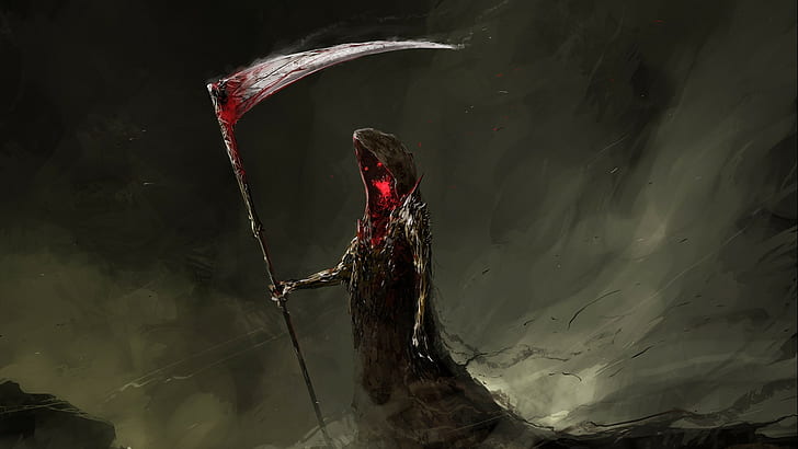 Grim Reaper, sickle, blood, scythe, digital art, painting, death