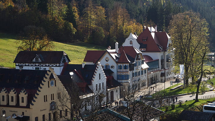white and maroon painted houses near forest at daytime, Hohenschwangau