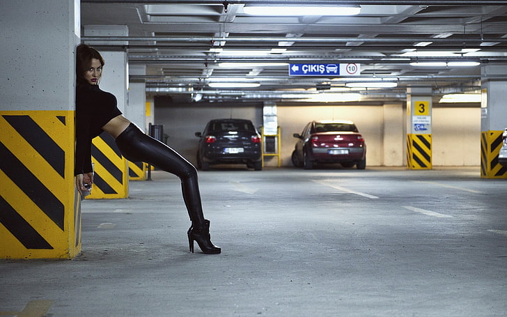 women's black pants, model, Black clothes, high heels, parking lot
