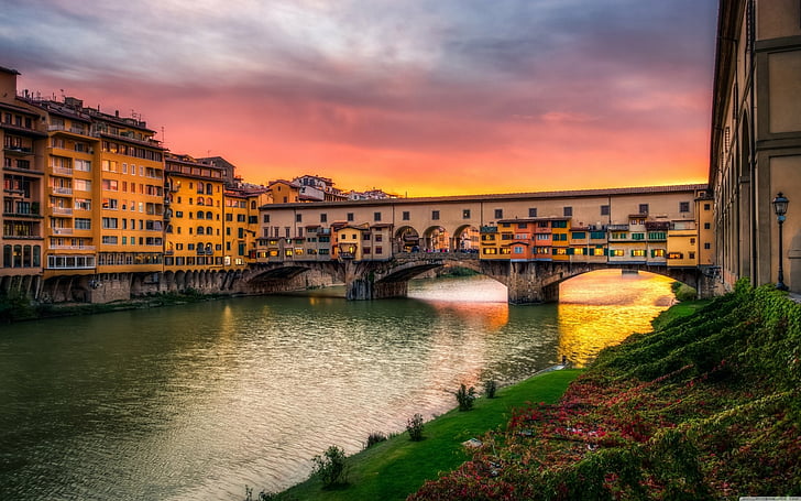 Bridges, Ponte Vecchio, Canal, Florence, Italy, Man Made, Sunset, HD wallpaper