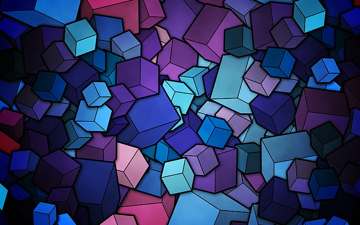 Cube, Digital Art, Blue, Purple, purple and blue and teal and pink boxes painting, HD wallpaper