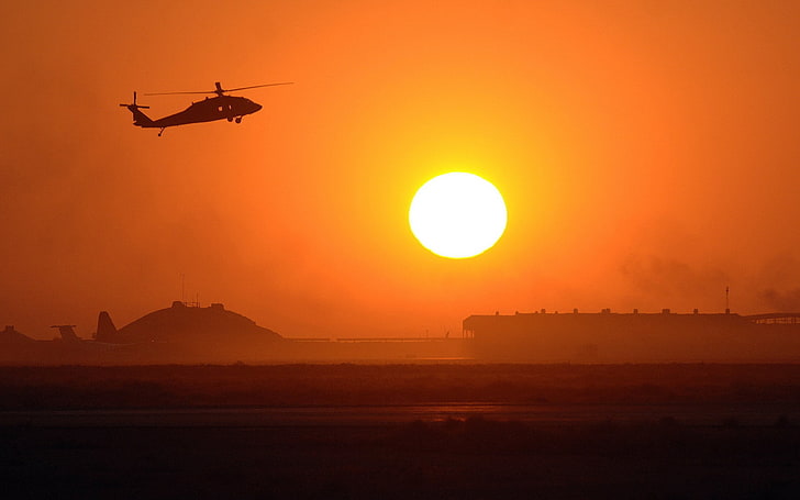 60 Black Hawk, helicopters, Sikorsky UH, Silhouette, sun, sunset