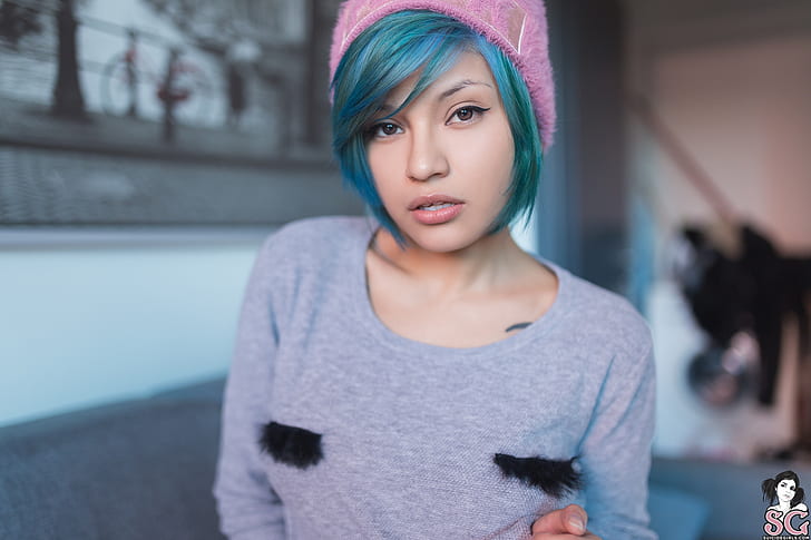 Jelly Suicide, Suicide Girls, dyed hair, short hair, women indoors, HD wallpaper