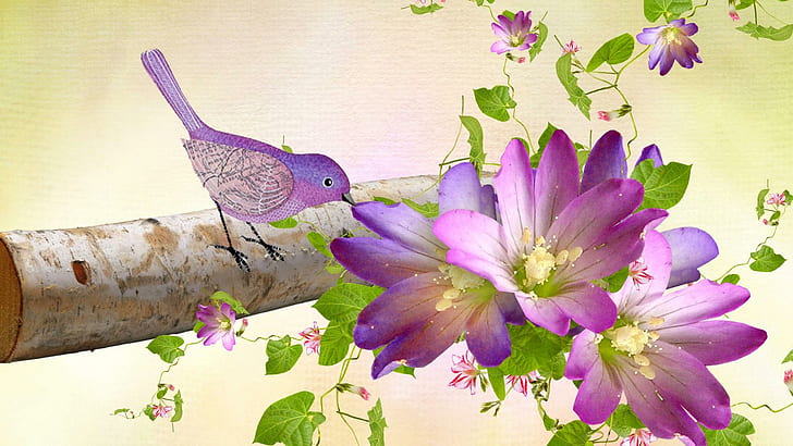 Purple Birds Flowers, firefox persona, birch, summer, pink floral, HD wallpaper