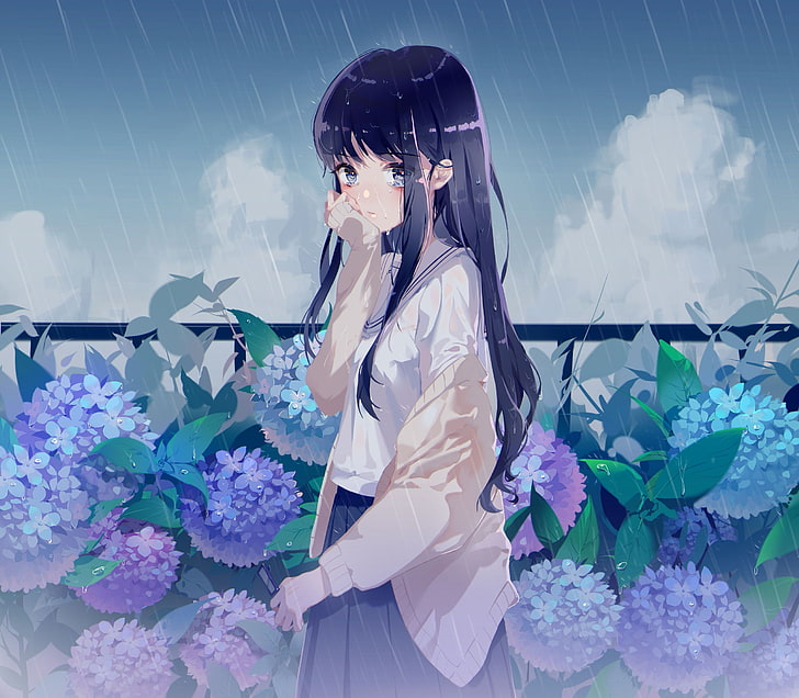 anime girl, raining, flowers, black hair, tears, crying, emotional