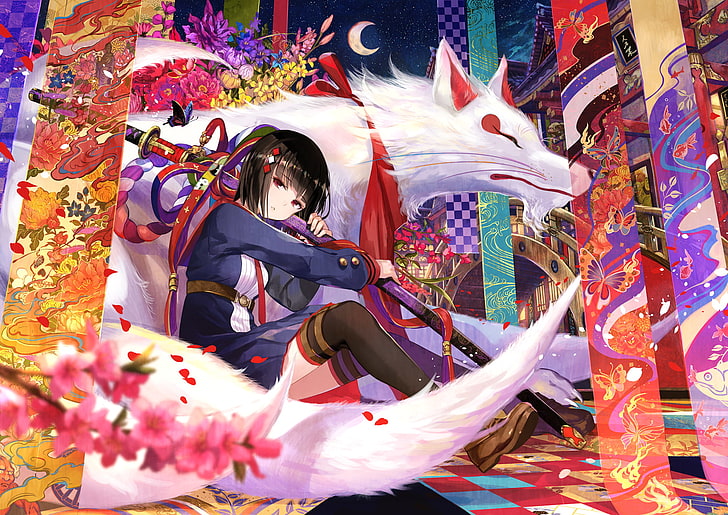 HD wallpaper: anime girl, shrine, katana, white fox, colorful, moon, night  | Wallpaper Flare
