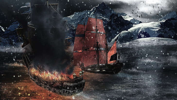 two black sailing ships painting, pirates, snow, sea, mountains