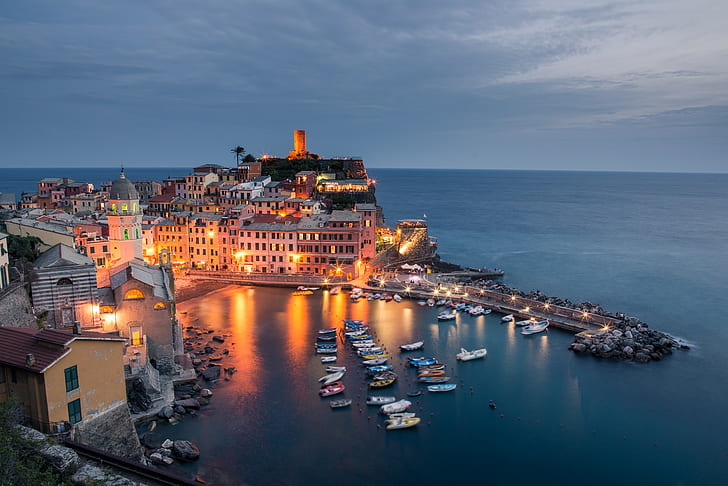Vernazza, Cinque Terre, Italy, power boat lot, boats, landscape, HD wallpaper