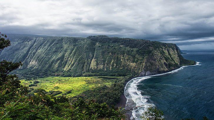 hawaii, waipio valley, united states, cloudy, sky, coast, shore