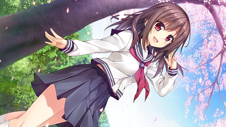 inochi no spare, shukugawa meguri, school uniform, sakura blossom, HD wallpaper