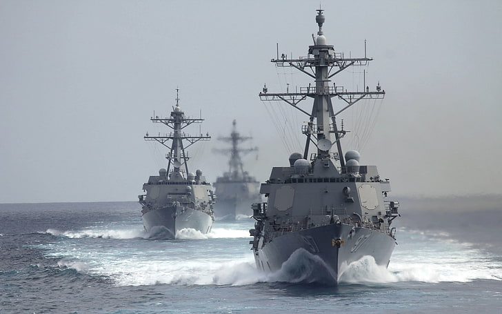 three gray battle ships, sea, weapons, army, USS Michael Murphy (DDG 112), HD wallpaper